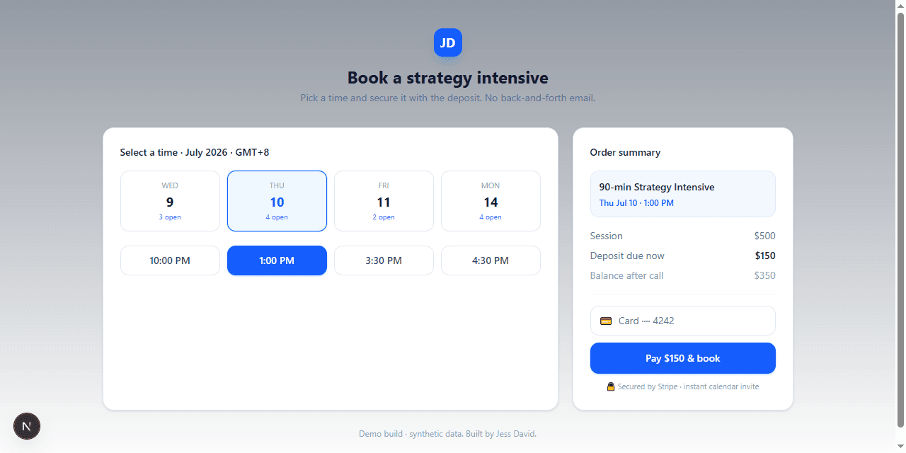 Booking + Payments Page